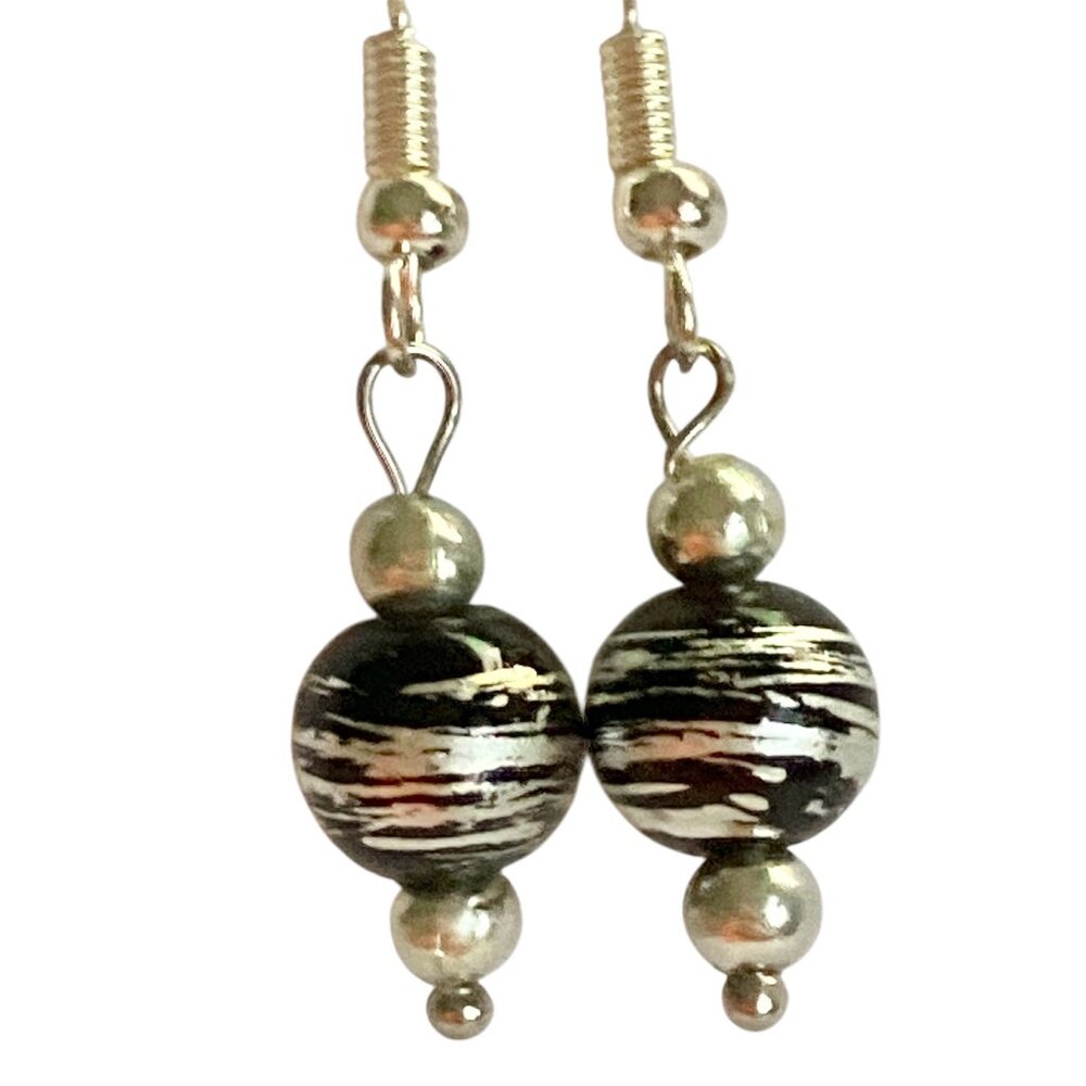 Murano Style Black Silver Art Glass Bead Earrings Plated Dainty Dangle Handmade